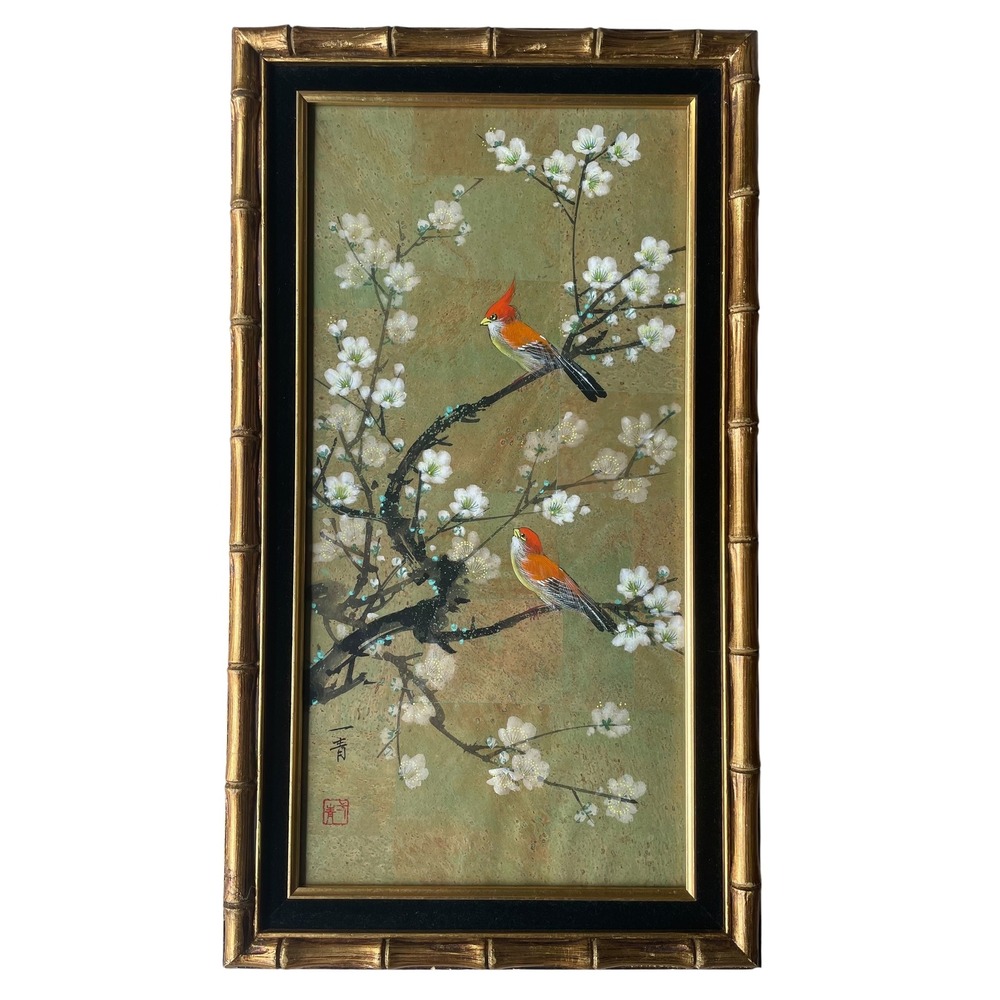 Vintage Japanese Cardinals Floral Painting Bamboo Gold Frame Signed Yi Ching